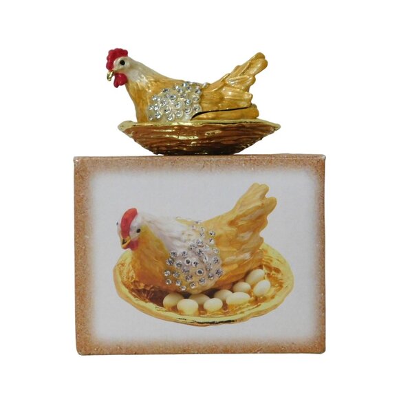 Hen with Eggs Hinged Box Bedazzled Gold Red White Silver Jeweled Collection - Picture 10 of 10